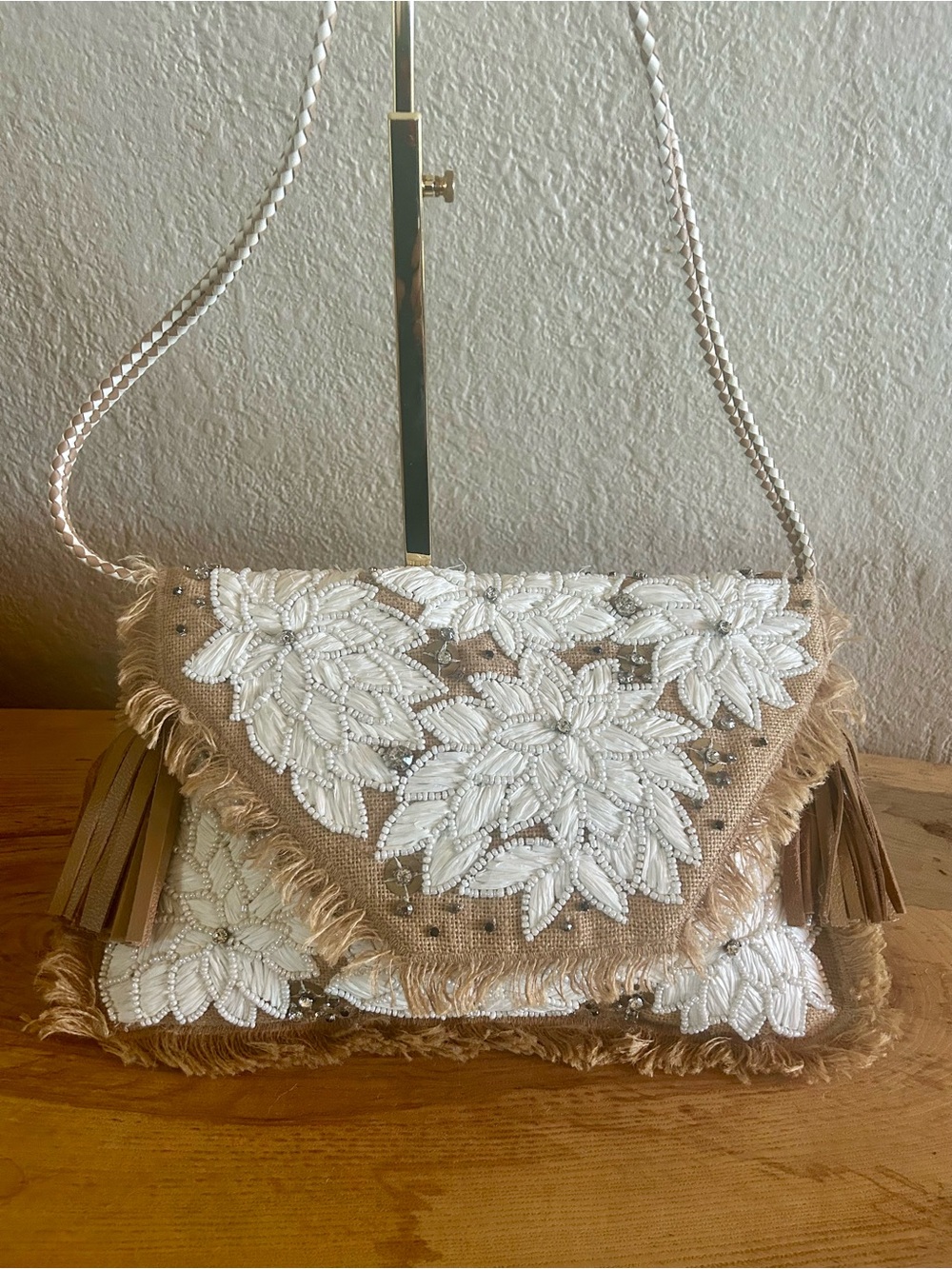 ibBan Anthropologie Boho Beaded Floral Jute Clutch Crossbody Bag Purse Fringe
